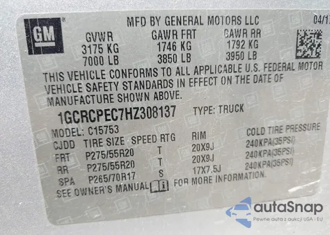 2017 Chevrolet Silverado 1500 Custom из США, поврежденный, VIN 1GCRCPEC7HZ308137